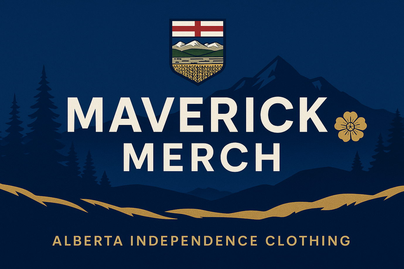 Maverick Merch Alberta independence clothing header design with blue and gold colors and Alberta landscape