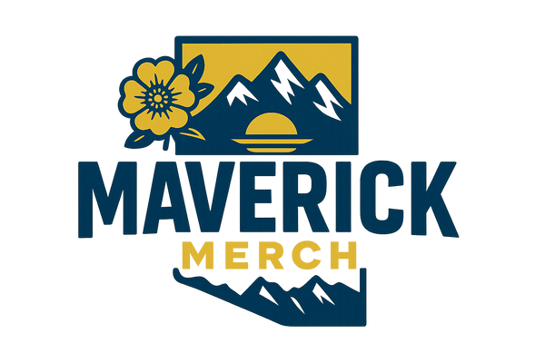 Maverick Merch logo with MAVERICK in large letters and MERCH smaller underneath, featuring Alberta independence symbols including wild rose and mountains in blue and gold colors